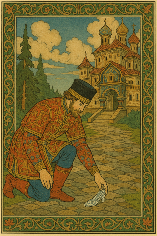 an image of a prince finding a glass sliper on he way to the palace
