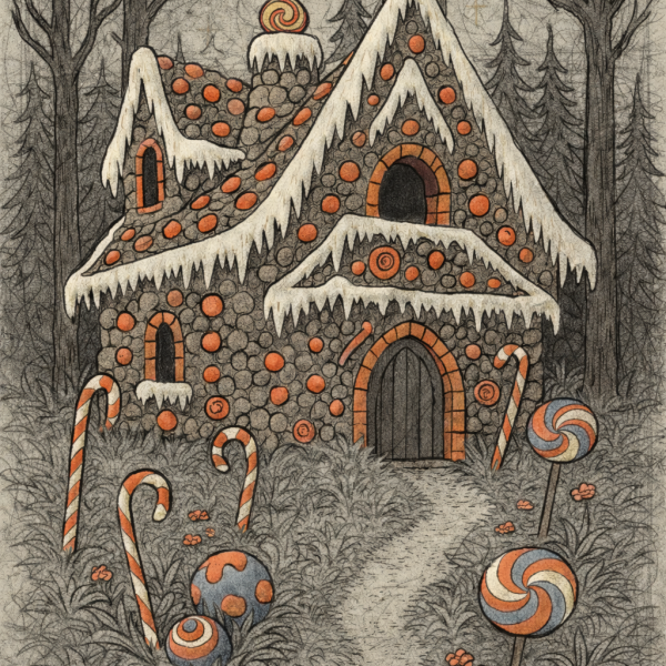 A pencil drawing of the witches candy house in the woods from Hansel and gretel, by sonya mathews