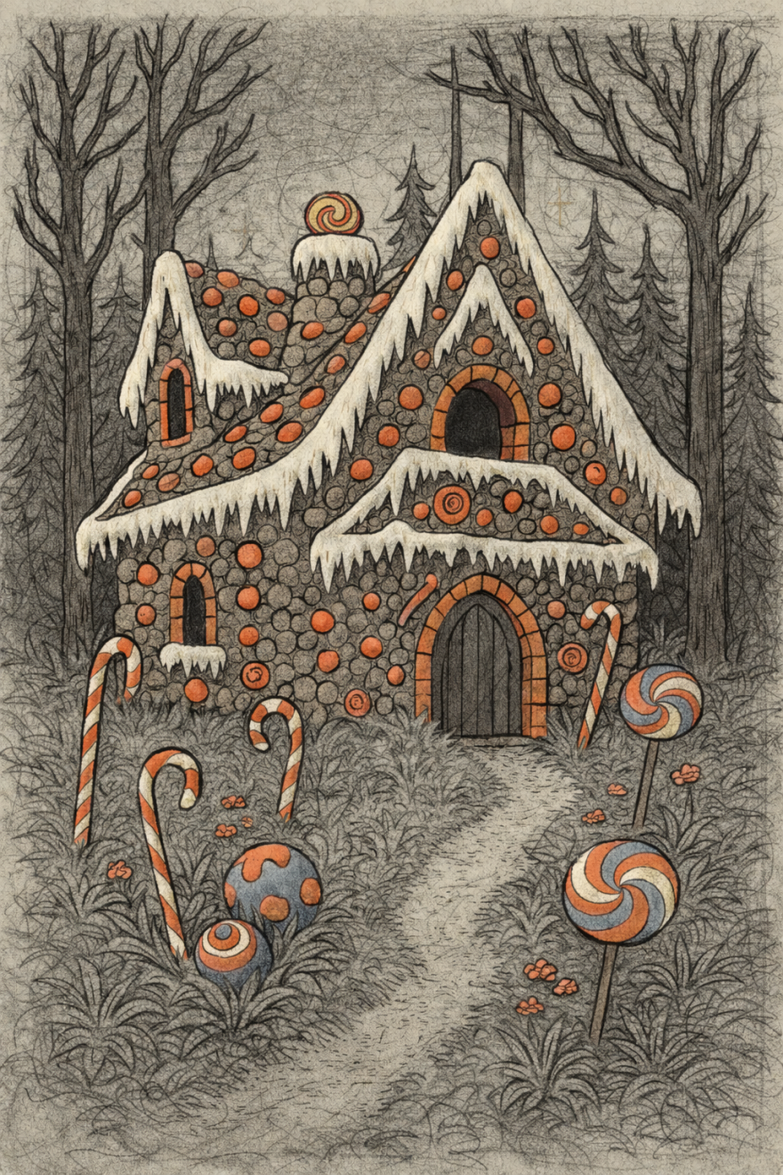 A pencil drawing of the witches candy house in the woods from Hansel and gretel, by sonya mathews
