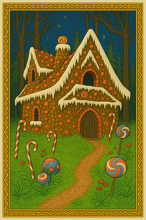 A drawing of a witches house made of candy in the woods with a path walking up to it.