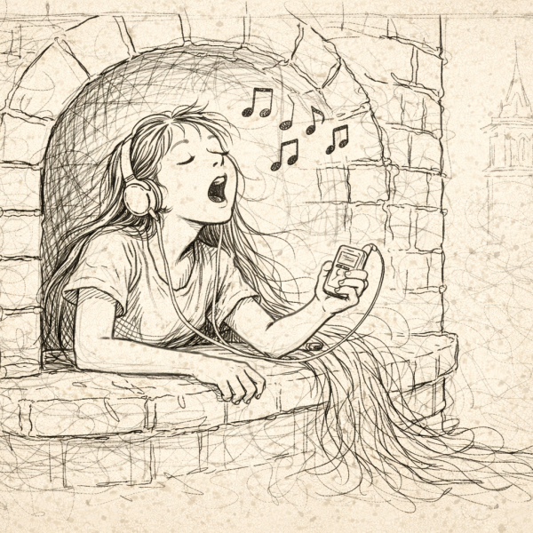 a drawing of rapunzel singing in her tower by sonya mathews