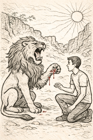 A line drawing of Androcles and the lion by Sonya Mathews