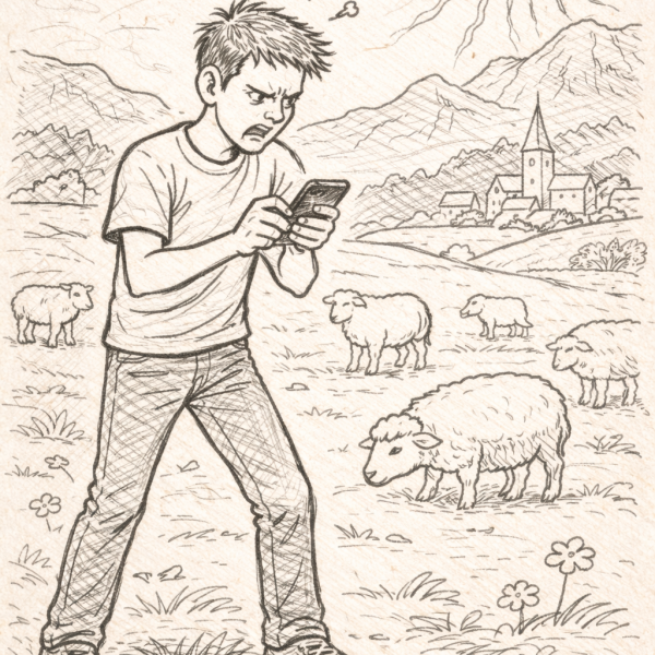 A line drawing of a boy rage tweeting Wolf by sonya mathews