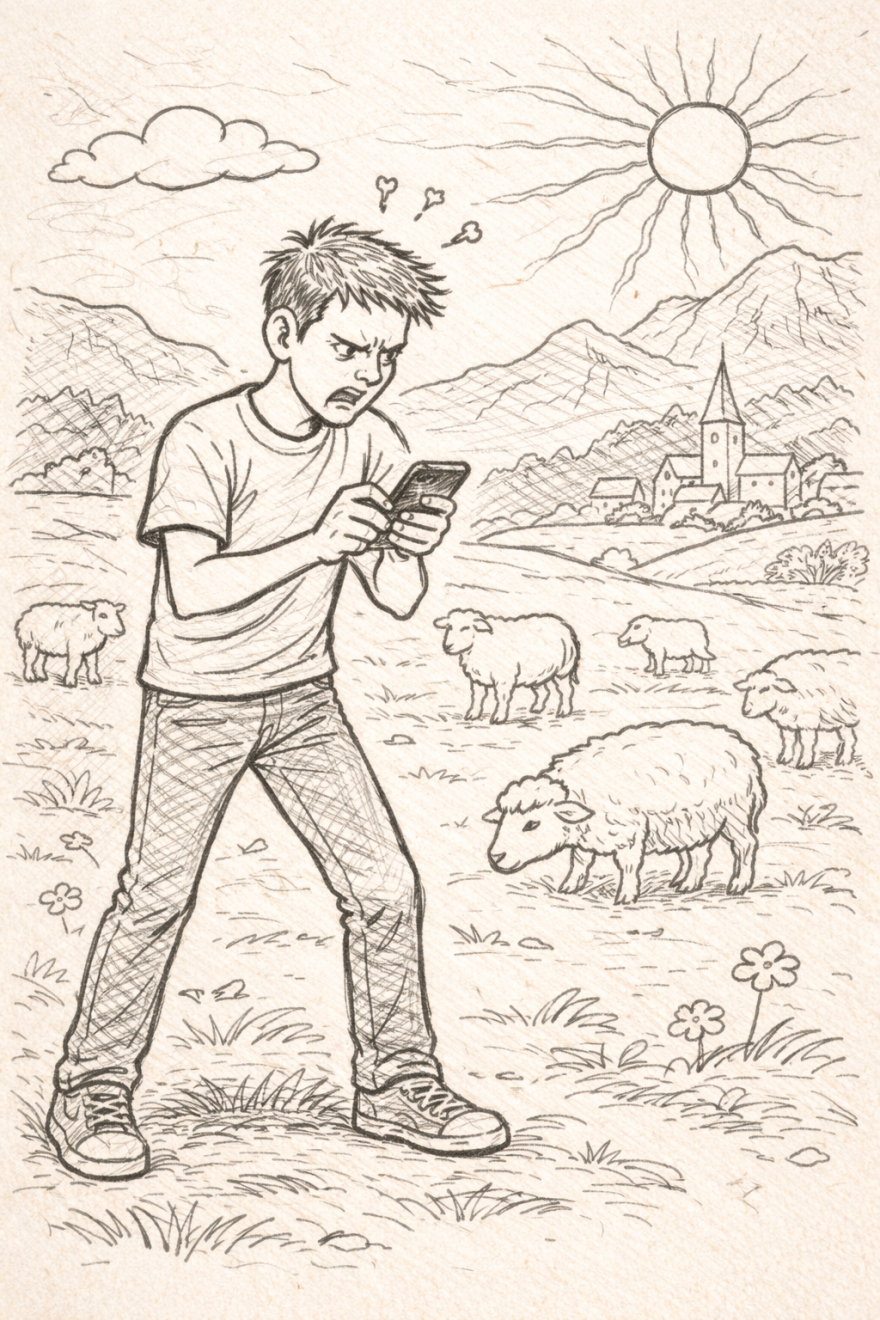 A line drawing of a boy rage tweeting Wolf by sonya mathews