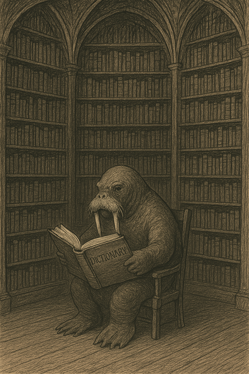 A hand drawn picture of a walrus in a library sitting in a chair and reading a dictionary.