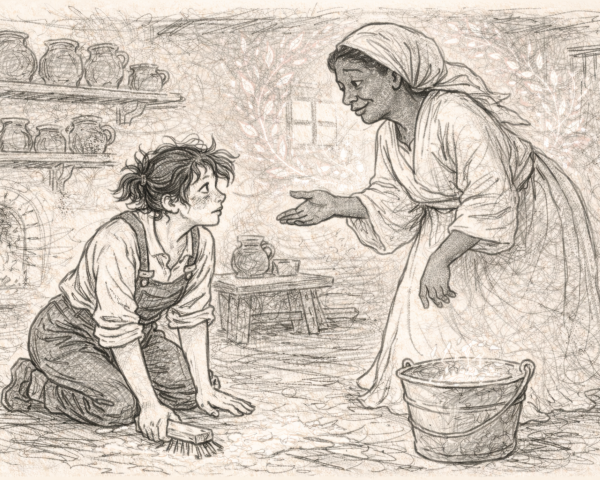 A line drawing of cinderalla scrubbing the kitchen floor with her fairy godmother visiting her.