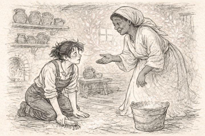A line drawing of cinderalla scrubbing the kitchen floor with her fairy godmother visiting her.