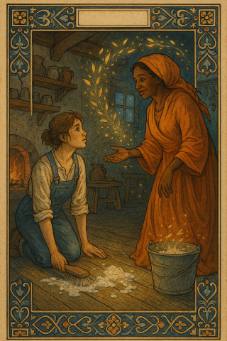 A drawing of cinderella being visited by her fairy godmother. Cinderella is scrubbing floors.
