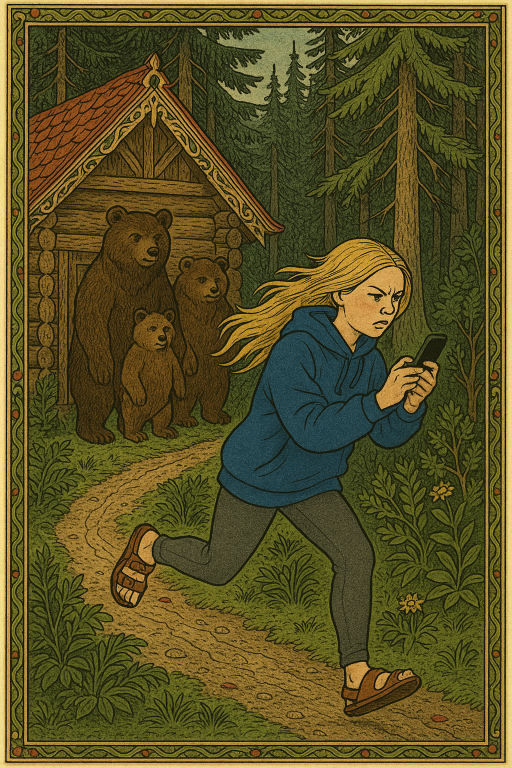 A drawing of Goldie Locks running away from the house of the three bears.
