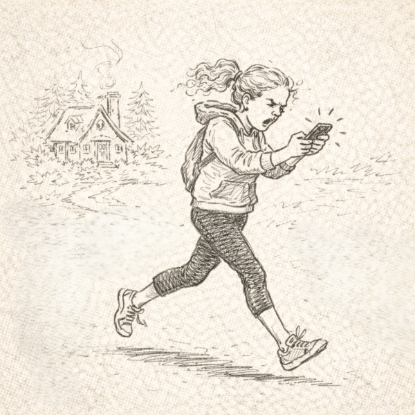 A line drawing by sonya mathews of Goldilocks running away from the Three Bears cottage.