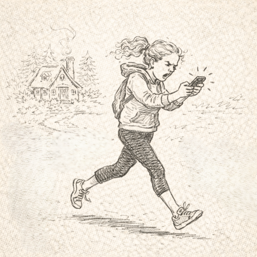 A line drawing by sonya mathews of Goldilocks running away from the Three Bears cottage.