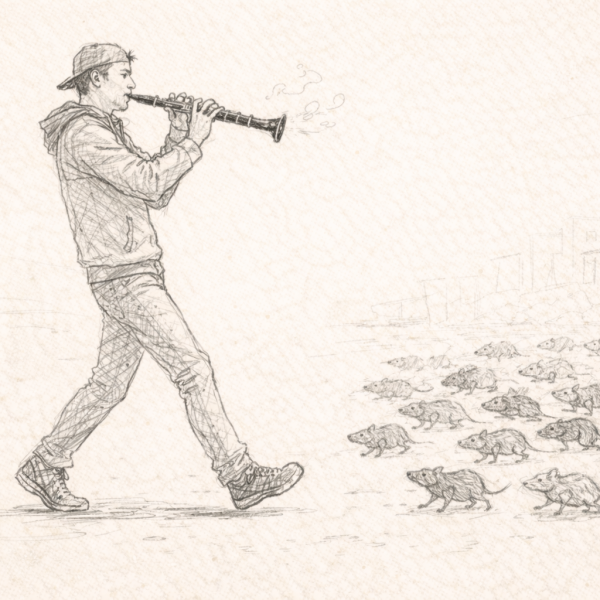 A line drawing of the pied piper of hamlin and some rats