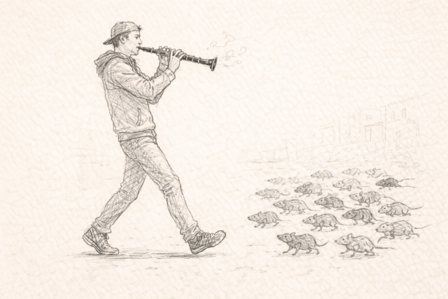 A line drawing of the pied piper of hamlin and some rats