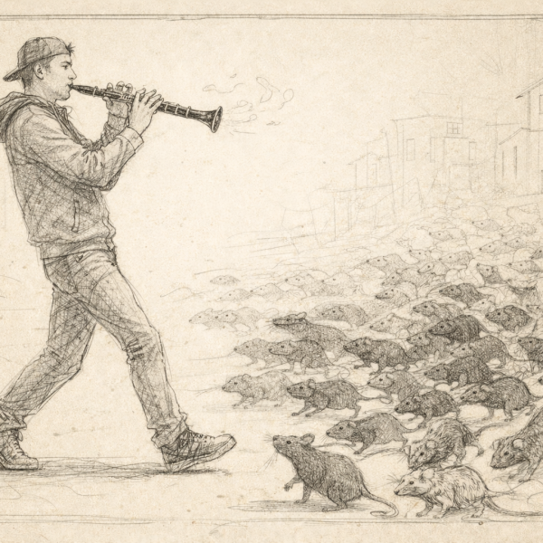 a drawing of a pied piper and rats by sonya mathews