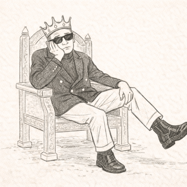 A line drawing of a bored emperor sitting chaotically on his throne.