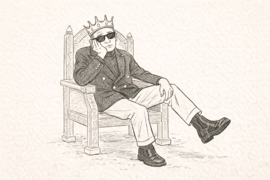 A line drawing of a bored emperor sitting chaotically on his throne.