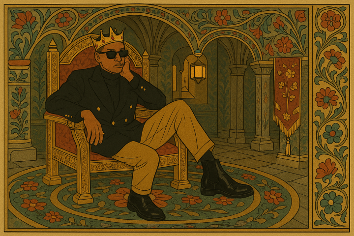 An emperor sitting on a throne wearing sunglasses and a crown.