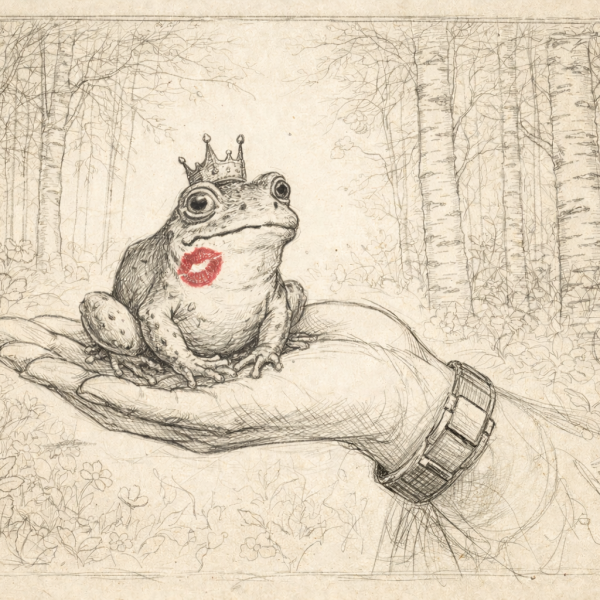 A drawing of a frog prince sitting in a princess' hand by sonya mathews