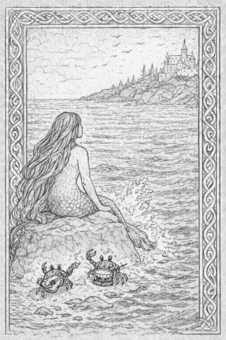 a drawing of a mermaid looking towards the coastline, with some musical crabs in the foreground.