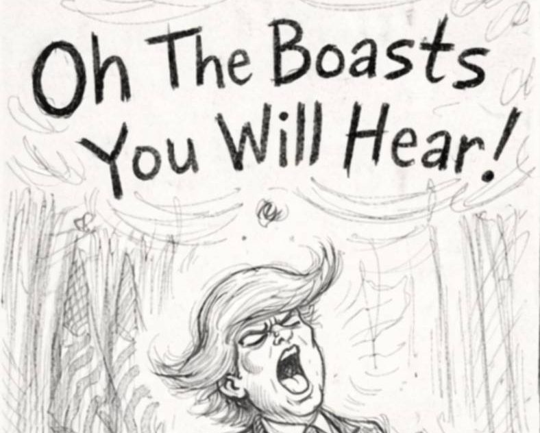 A line drawing of a boastful despot giving a speech.